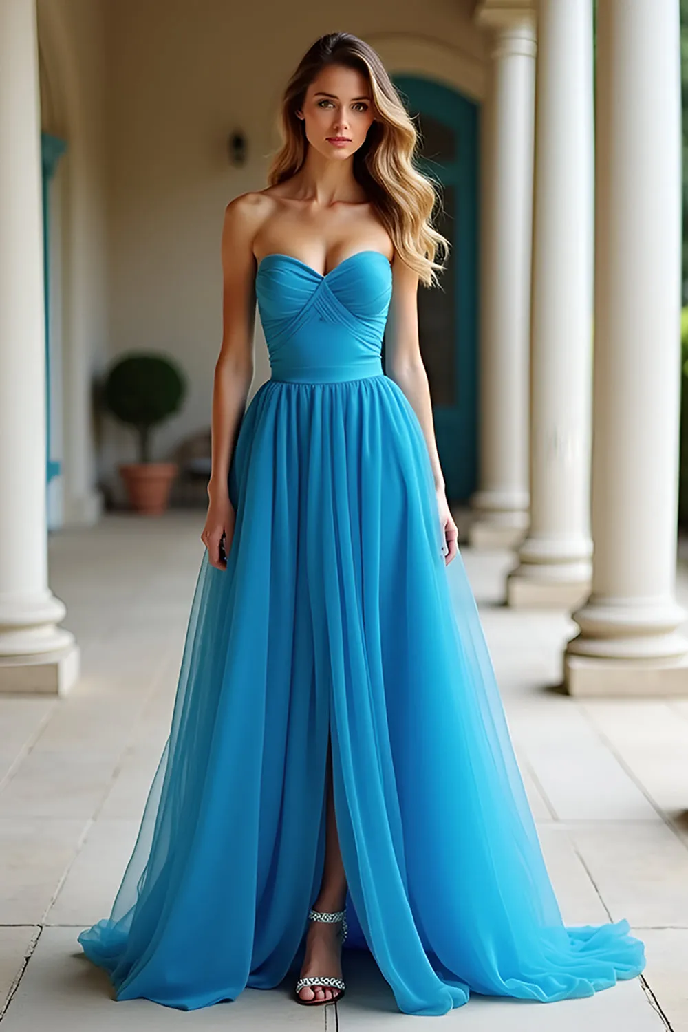 A Line Blue Strapless Pleated Long Prom Dress with Slit sold by Zapaka