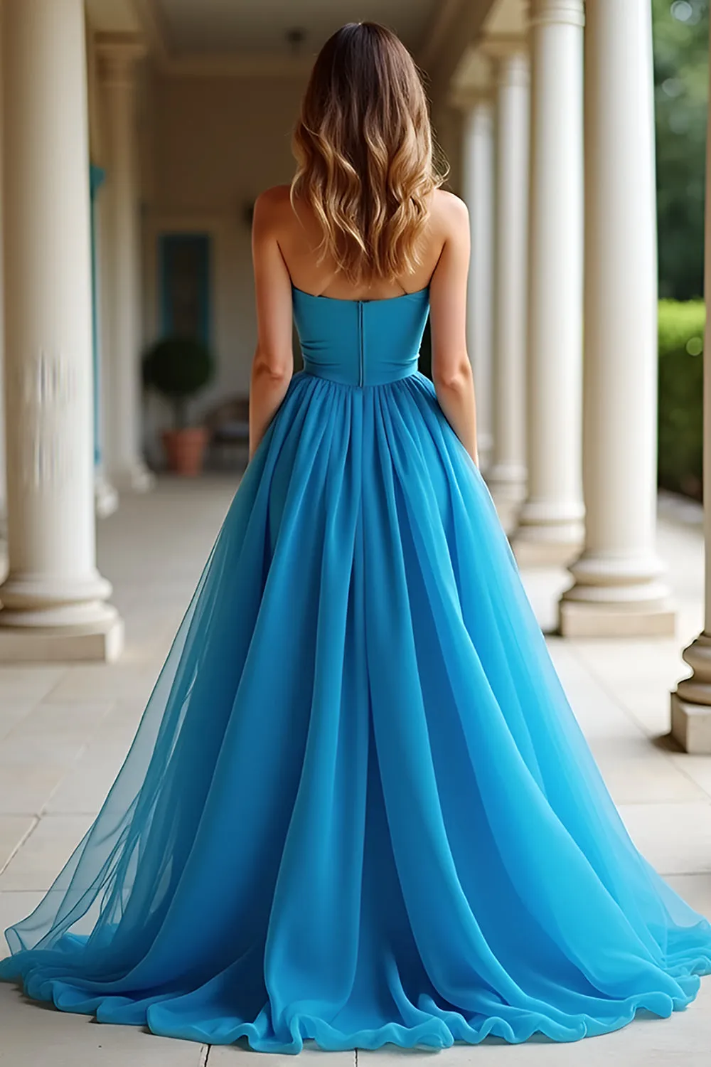 A Line Blue Strapless Pleated Long Prom Dress with Slit sold by Zapaka product image thumbnail 2
