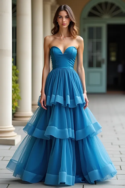 Blue Strapless Pleated A Line Tiered Long Prom Dress made by Zapaka