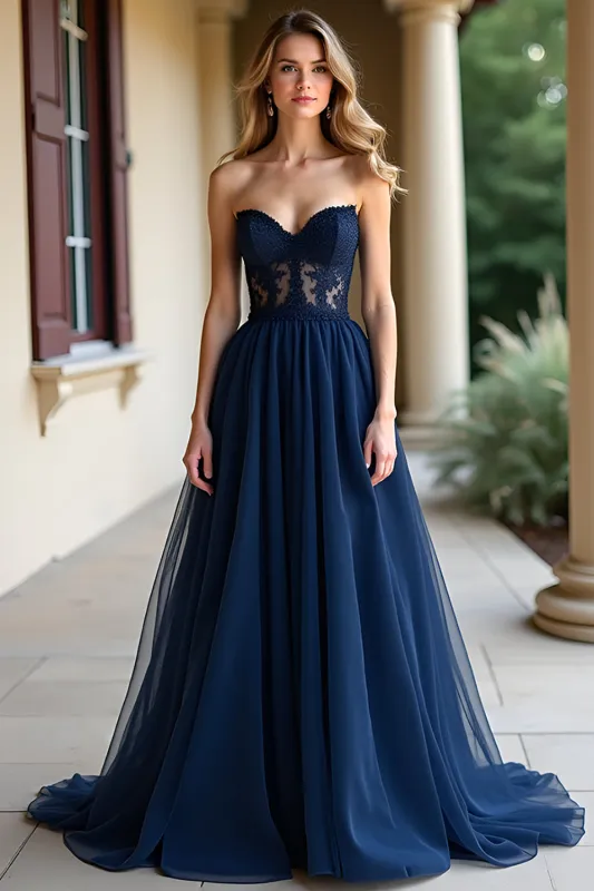 A Line Navy Strapless Lace Long Prom Dress sold by Zapaka