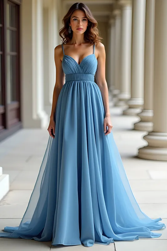 Blue Organza Spaghetti Straps A Line Ruched Prom Dress sold by Zapaka