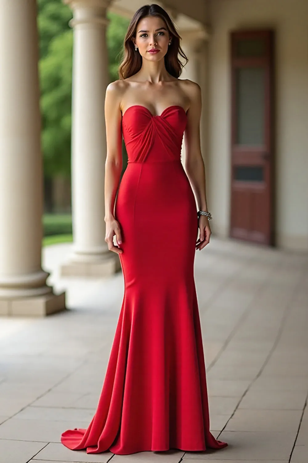 Red Stretch Satin Sheath Sweetheart Ruched Prom Dress sold by Zapaka