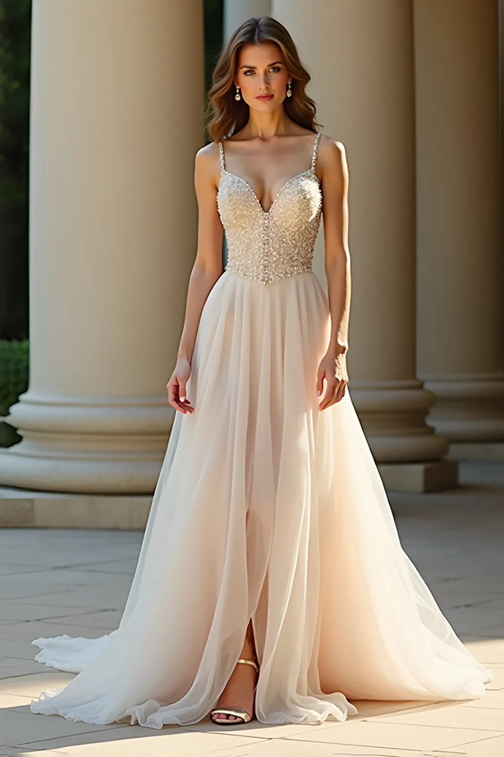 A Line Champagne Spaghetti Straps Long Prom Dress sold by Zapaka