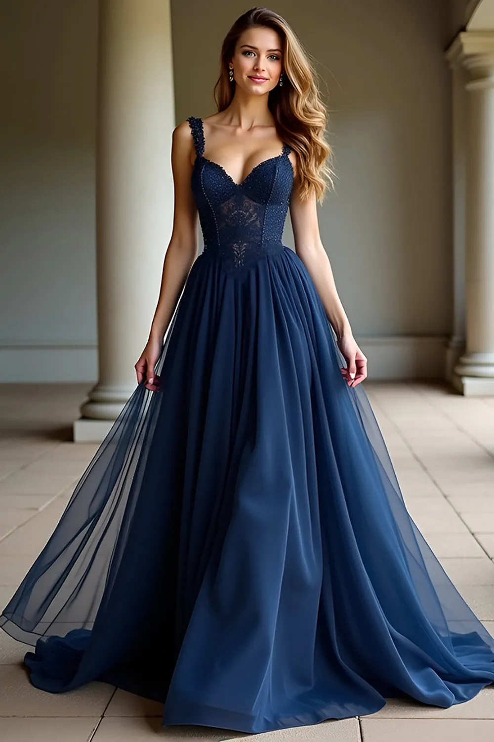 Navy Spaghetti Straps A Line Lace Long Prom Dress sold by Zapaka product image thumbnail 3