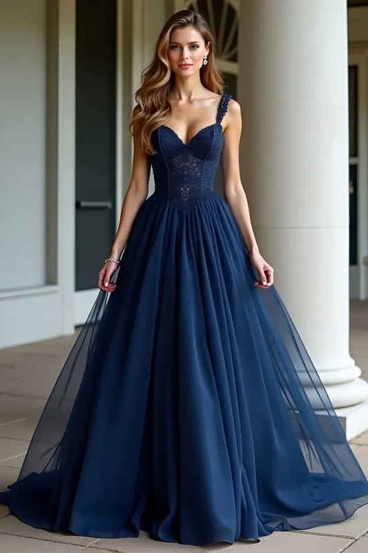 Navy Spaghetti Straps A Line Lace Long Prom Dress sold by Zapaka