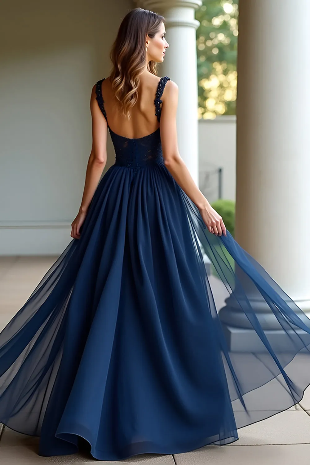 Navy Spaghetti Straps A Line Lace Long Prom Dress sold by Zapaka product image thumbnail 2