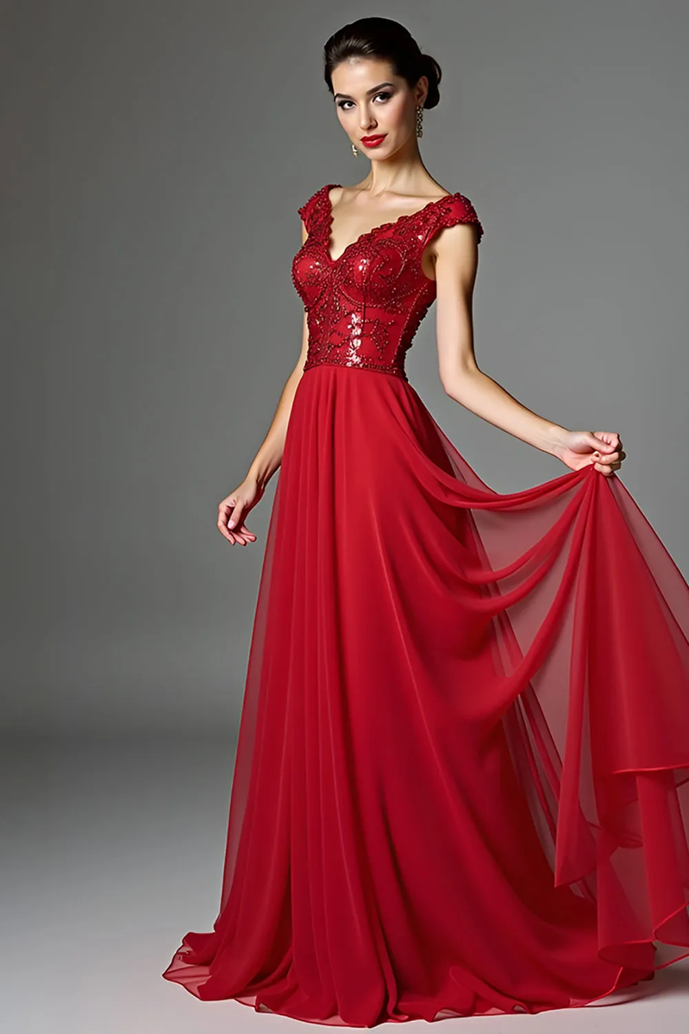 Dark Red Beaded V Neck A Line Mother of the Bride Dress with Cap Sleeves sold by Zapaka product image thumbnail 2