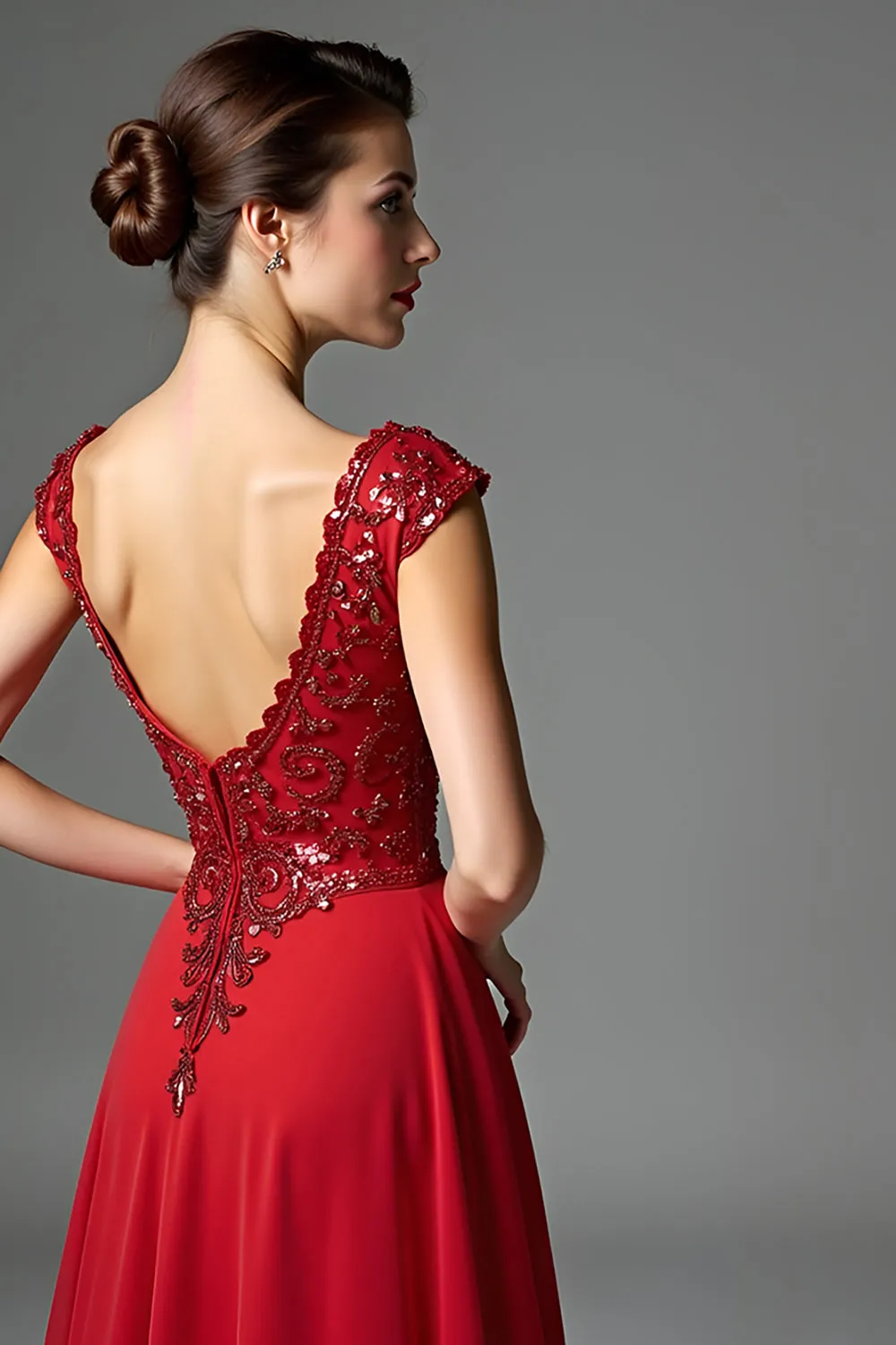 Dark Red Beaded V Neck A Line Mother of the Bride Dress with Cap Sleeves sold by Zapaka product image thumbnail 3