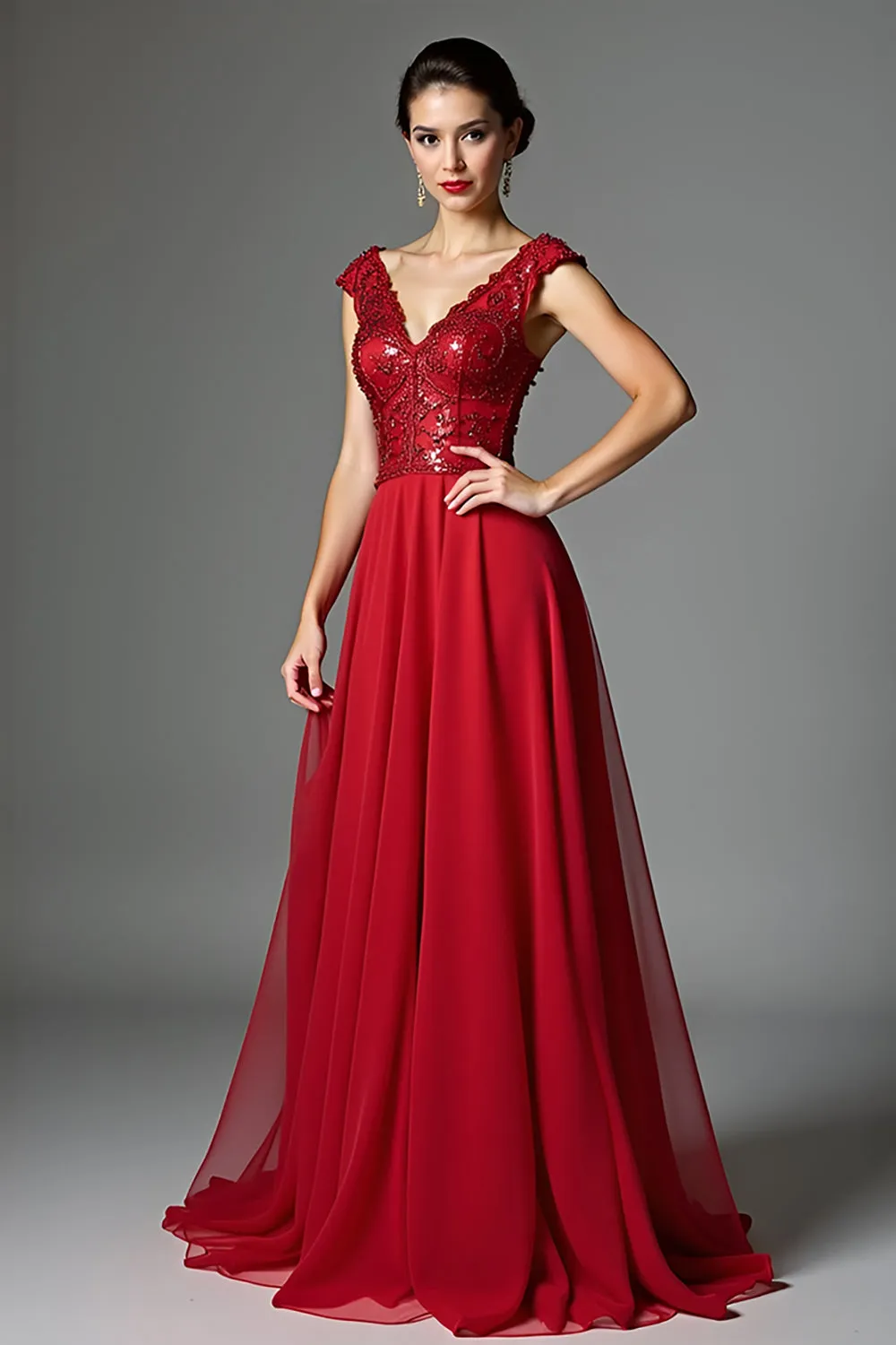 Dark Red Beaded V Neck A Line Mother of the Bride Dress with Cap Sleeves sold by Zapaka