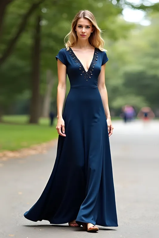 Navy A Line Long V Neck Beaded Mother of the Bride Dress with Short Sleeves sold by Zapaka
