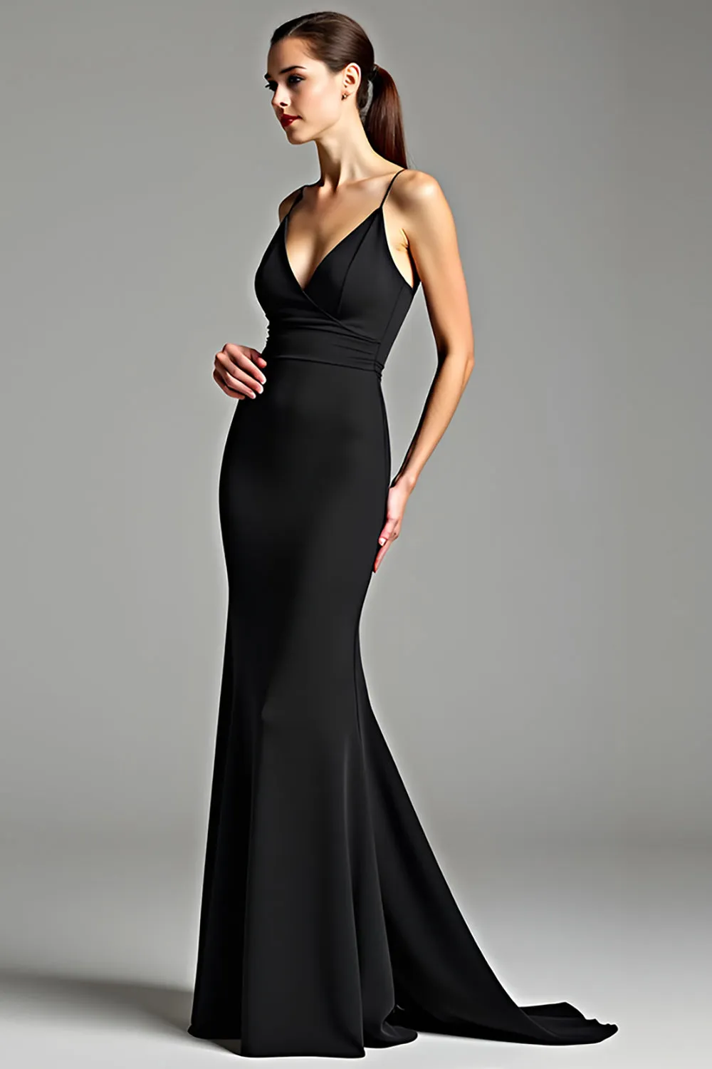 Mermaid V-Neck Ruched Long Black Dress sold by Zapaka