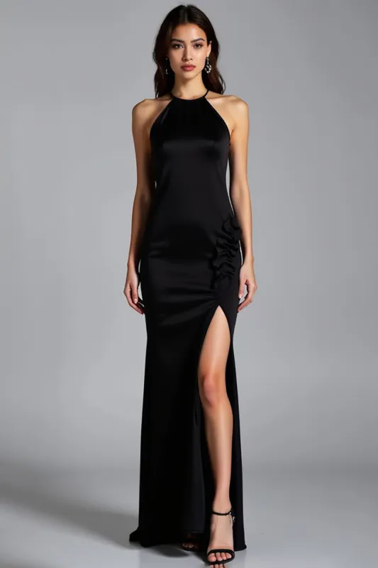 Mermaid Halter Backless Black Dress With Slit sold by Zapaka