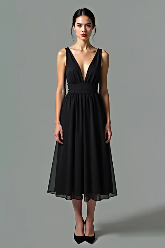 Deep V-Neck A-Line Chiffon Tea Length Little Black Dress with Open Back sold by Zapaka