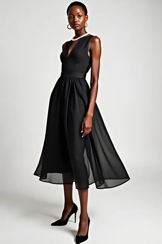 V-Neck A-Line Tulle Tea Length Little Black Dress sold by Zapaka