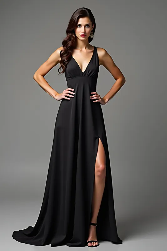 A Line Deep V-Neck Black Dress With Slit sold by Zapaka