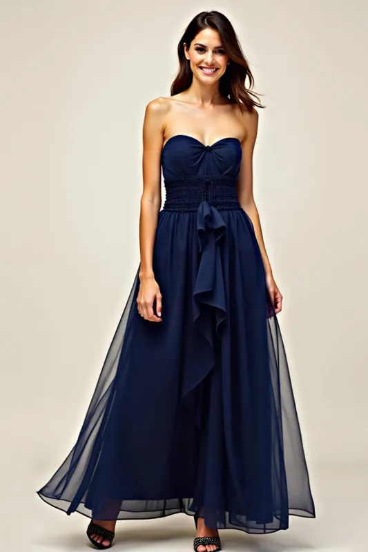Navy Tulle Sweetheart A-Line Long Wedding Guest Dress with Ruffles made by Zapaka