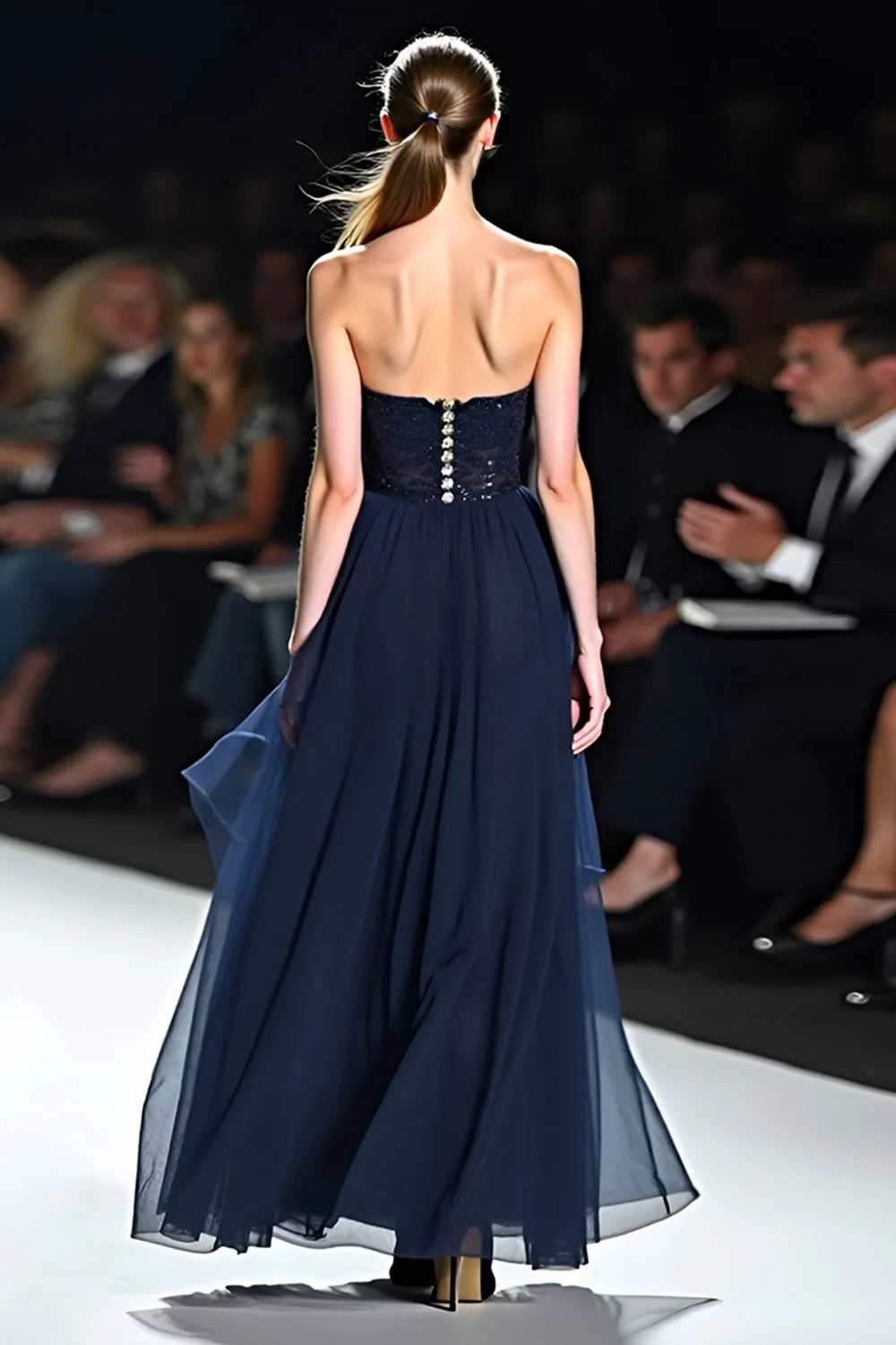 Navy Open Back Sweetheart A-Line Tulle Long Wedding Guest Dress sold by Zapaka product image thumbnail 3