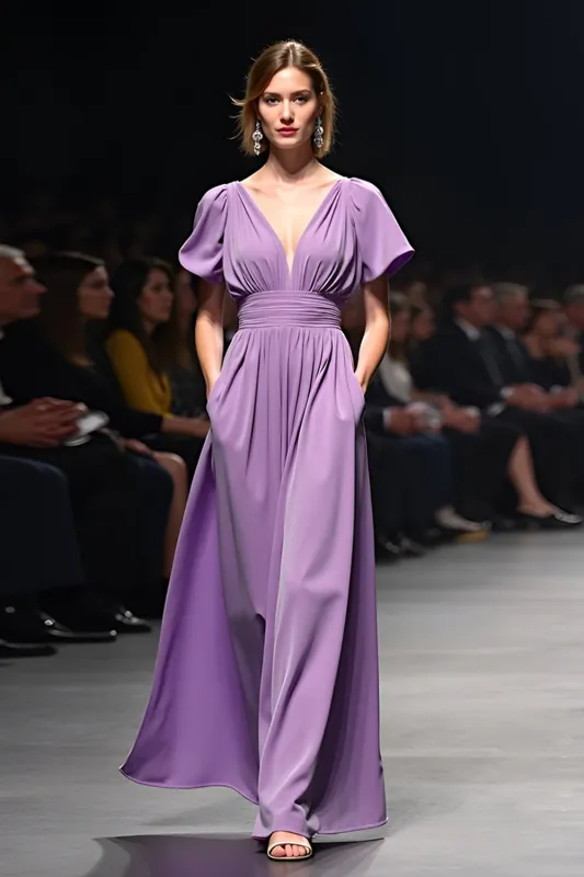 Purple V-Neck A-Line Ruched Long Wedding Guest Dress sold by Zapaka