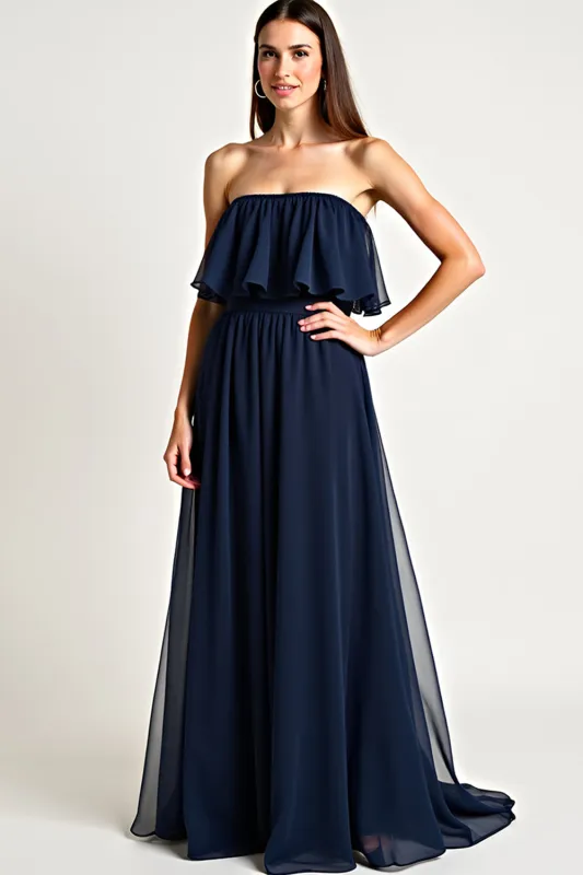 Navy Tulle Strapless A-Line Long Wedding Guest Dress with Ruffles sold by Zapaka