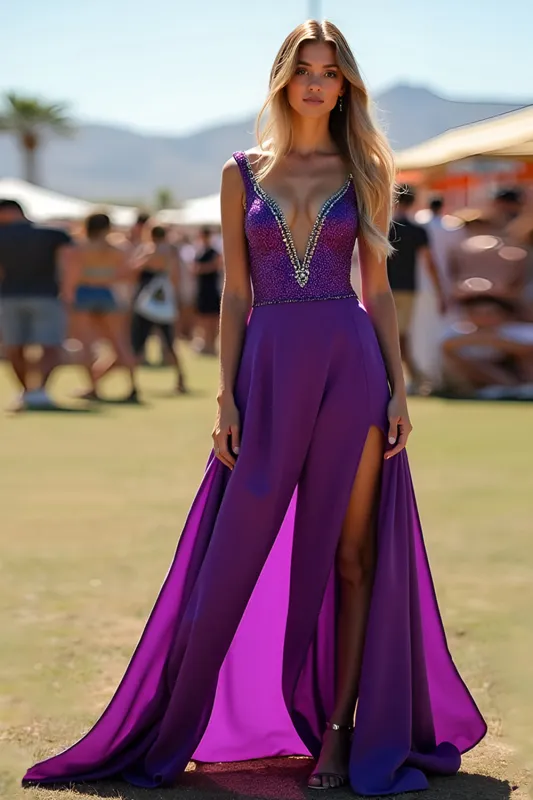 Dark Purple Spaghetti Straps Open Back Long Wedding Guest Jumpsuit sold by Zapaka