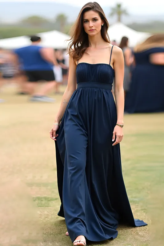 Navy Spaghetti Straps A-Line Long Wedding Guest Dress sold by Zapaka