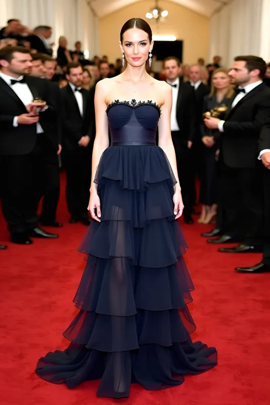 A Line Navy Ruffled Long Gala Dress sold by Zapaka