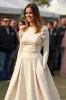 Apricot A Line Round Neck Ruched Gala Dress With Long Sleeves sold by Zapaka