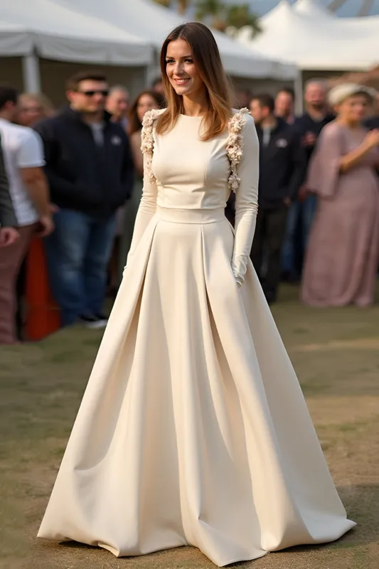 Apricot A Line Round Neck Ruched Gala Dress With Long Sleeves sold by Zapaka
