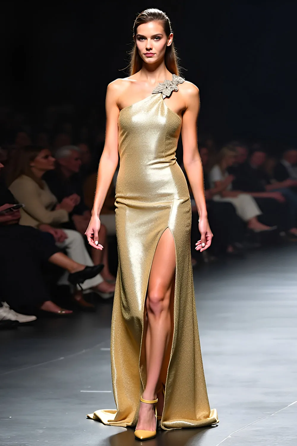 Glitter One Shoulder Sheath Golden Gala Dress with Slit sold by Zapaka product image thumbnail 3