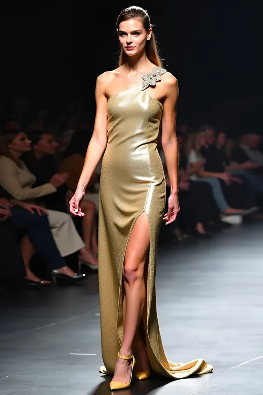 Glitter One Shoulder Sheath Golden Gala Dress with Slit sold by Zapaka