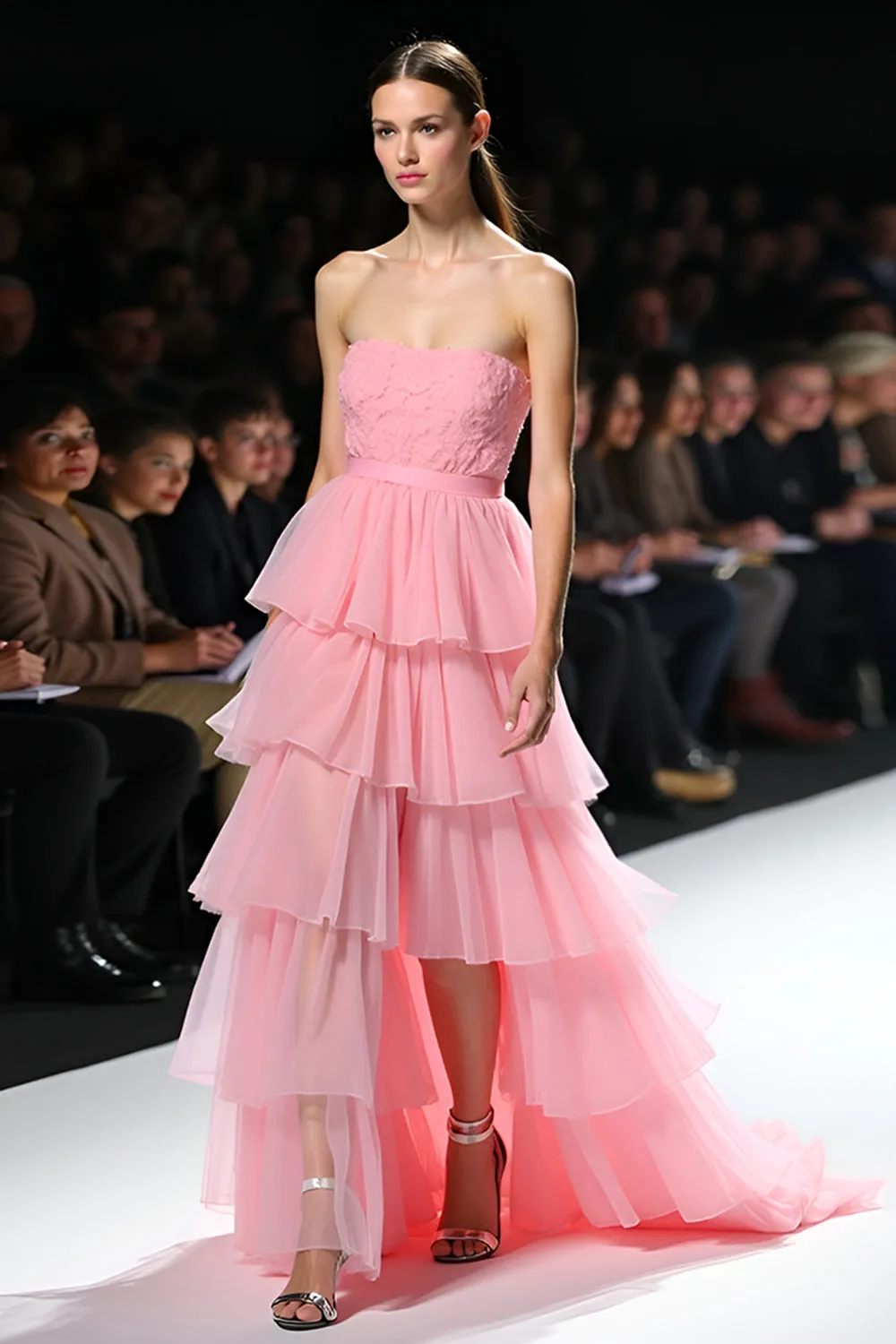 Pink Strapless Tiered A Line Gala Dress with Slit sold by Zapaka