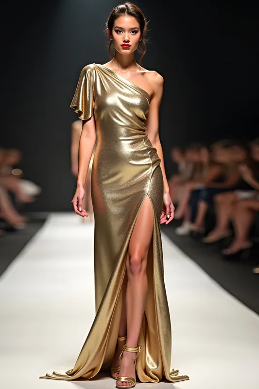Golden Sheath One Shoulder Flutter Sleeve Gala Dress with Slit sold by Zapaka