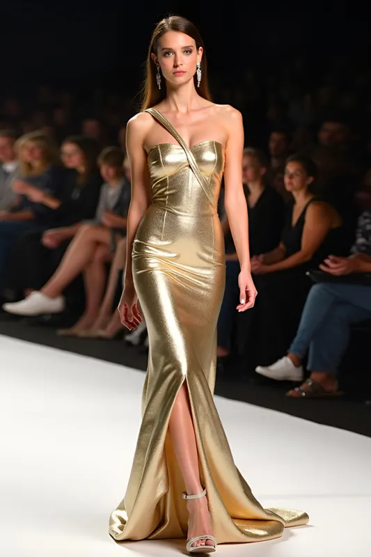 Metallic Mermaid Golden One Shoulder Long Gala Dress with Slit sold by Zapaka