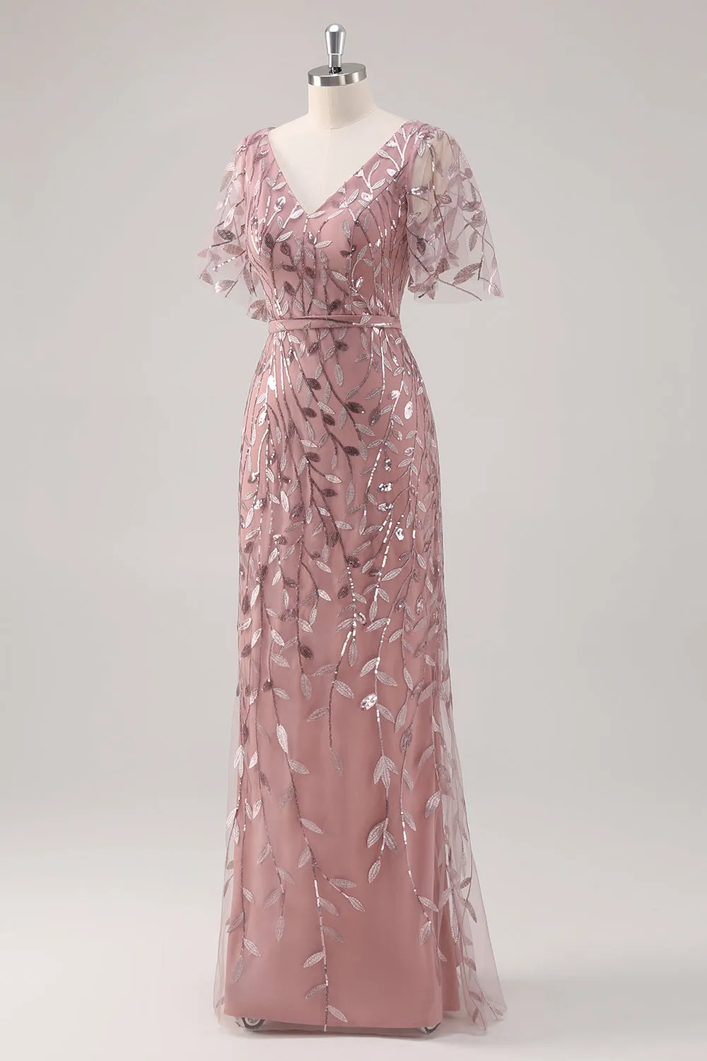 Dusty Rose V Neck Sheath Sequin Mother of the Bride Dress with Short Sleeves sold by Zapaka product image thumbnail 3