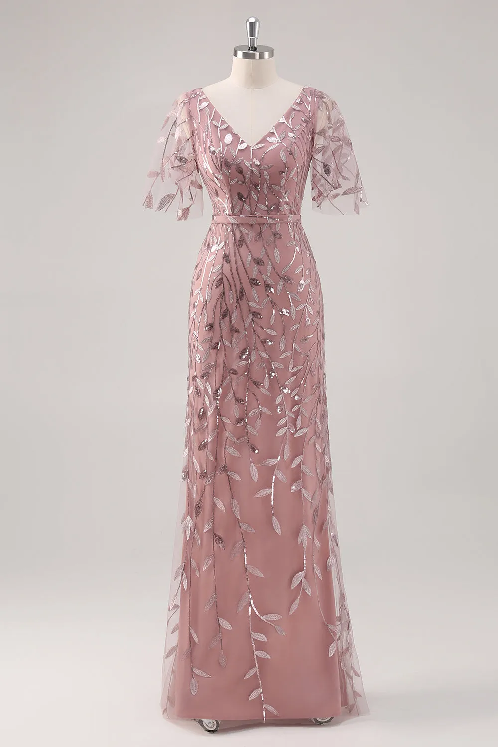 Dusty Rose V Neck Sheath Sequin Mother of the Bride Dress with Short Sleeves sold by Zapaka