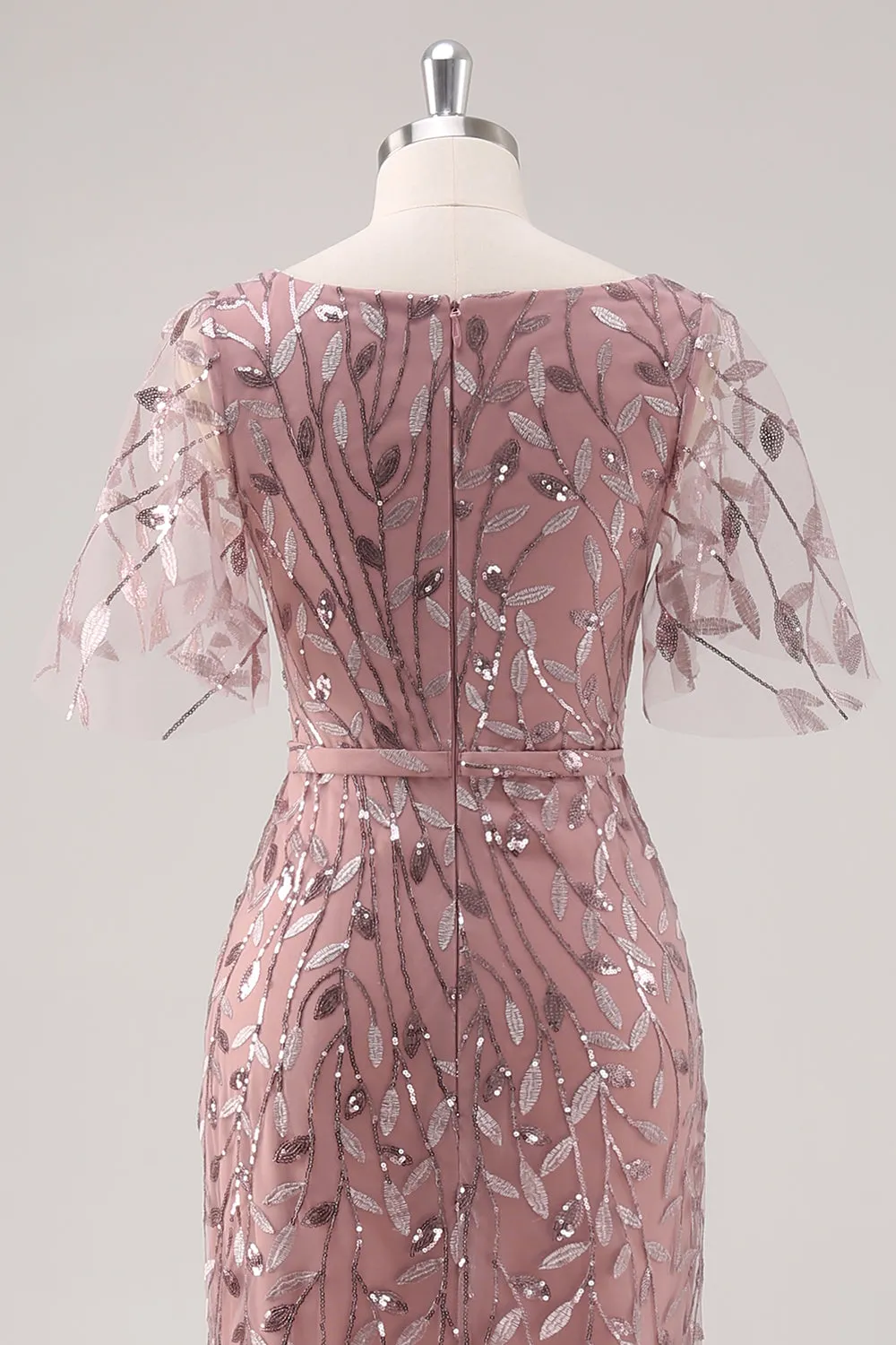 Dusty Rose V Neck Sheath Sequin Mother of the Bride Dress with Short Sleeves sold by Zapaka product image thumbnail 5