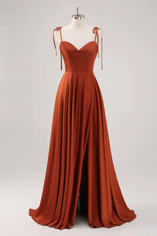 Rust Pleated A Line Spaghetti Straps Bridesmaid Dress with Slit made by Zapaka