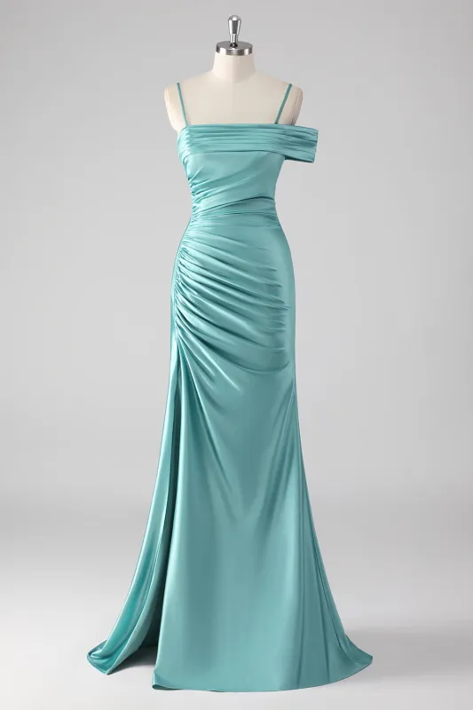 Blue Sheath Pleated Spaghetti Straps Long Prom Dress sold by Zapaka