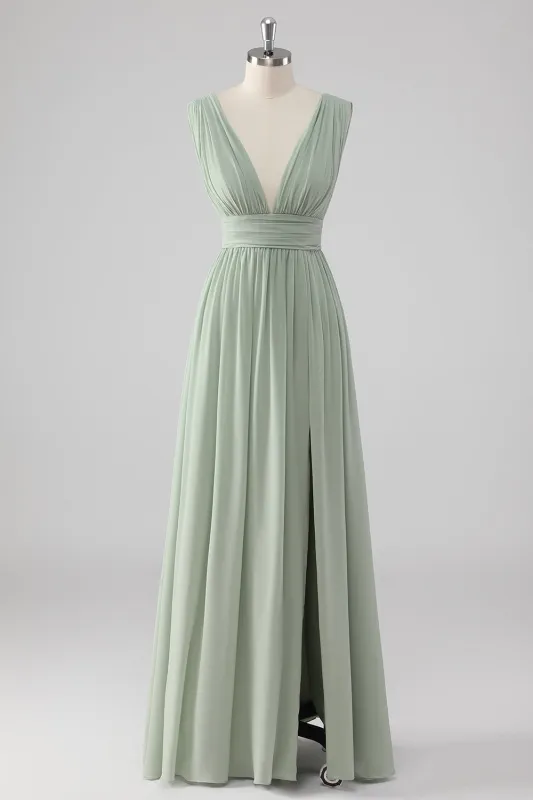 Pleated Chiffon V Neck Long Sage Green Bridesmaid Dress with Slit sold by Zapaka