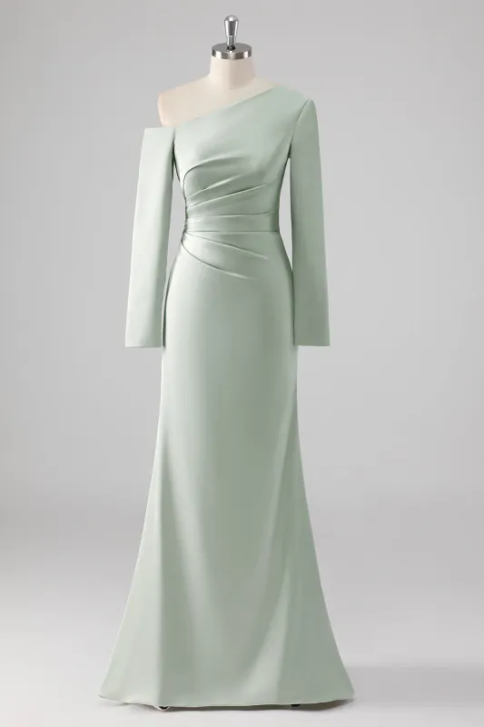 One Shoulder Satin Sage Sheath Bridesmaid Dress with Long Sleeves sold by Zapaka