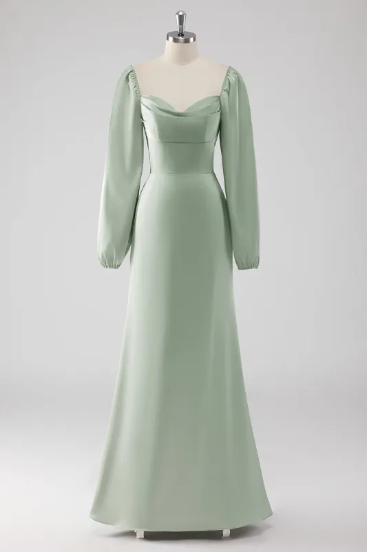 Sage Green Off the Shoulder A Line Long Bridesmaid Dress with Puff Sleeves sold by Zapaka