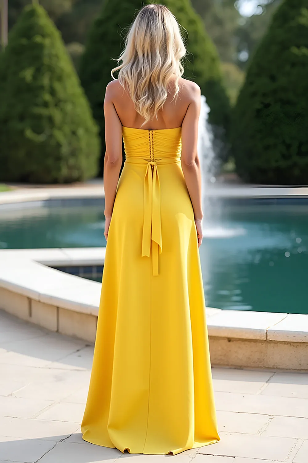 Yellow Sweetheart Ruched High-Slit Sheath Bridesmaid Dress with Back Tie sold by Zapaka product image thumbnail 2