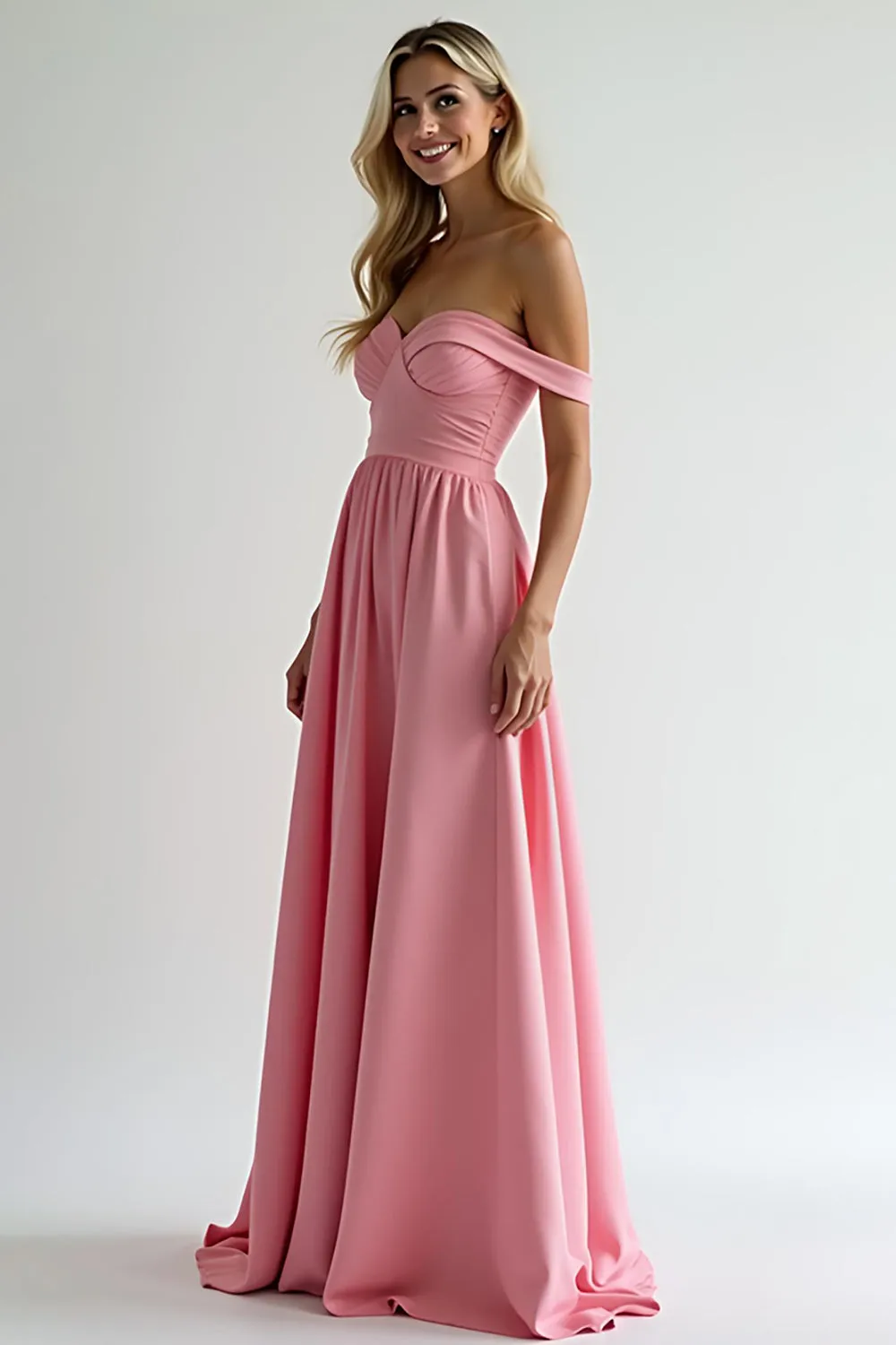 Watermelon A Line Off the Shoulder Satin Long Bridesmaid Dress sold by Zapaka product image thumbnail 2