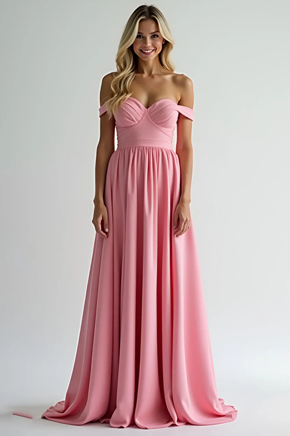 Watermelon A Line Off the Shoulder Satin Long Bridesmaid Dress sold by Zapaka