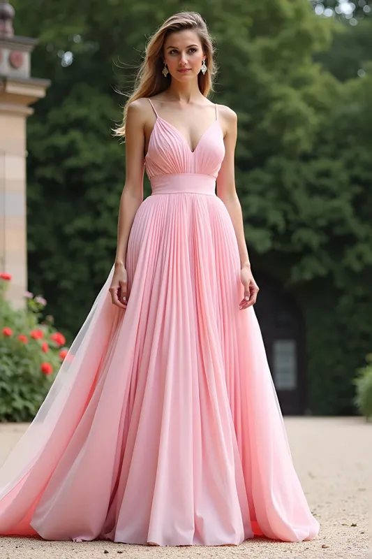 Chic Pink A Line Pleated Chiffon V Neck Bridesmaid Dress sold by Zapaka