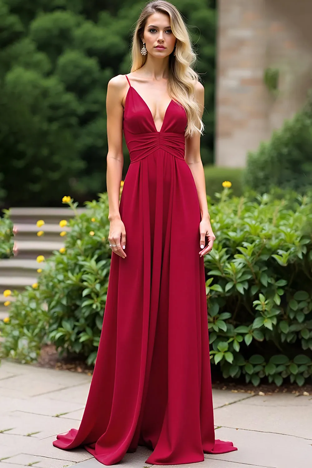 Burgundy V Neck Ruched Chiffon Backless Bridesmaid Dress sold by Zapaka