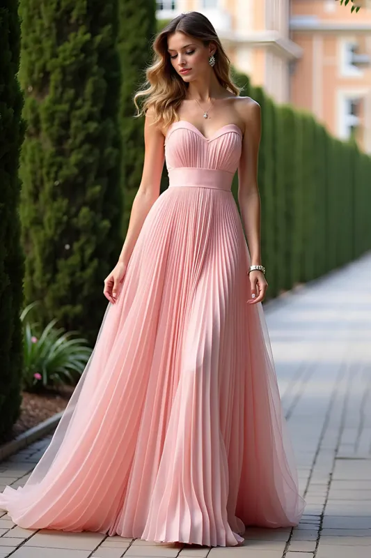 Stylish Pink A Line Pleated Chiffon Sweetheart Bridesmaid Dress sold by Zapaka
