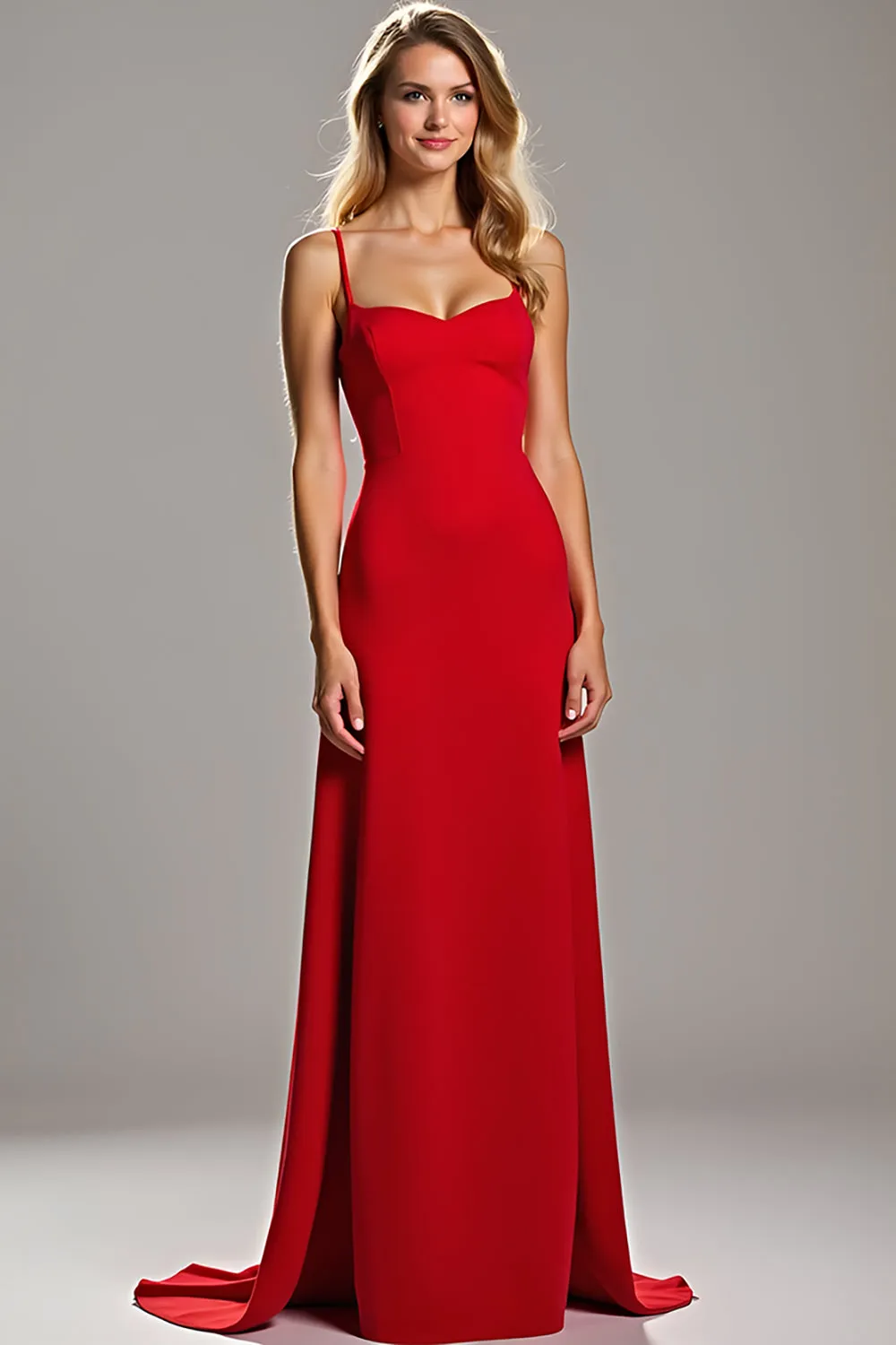 Red Sheath Satin Spaghetti Straps Long Bridesmaid Dress sold by Zapaka