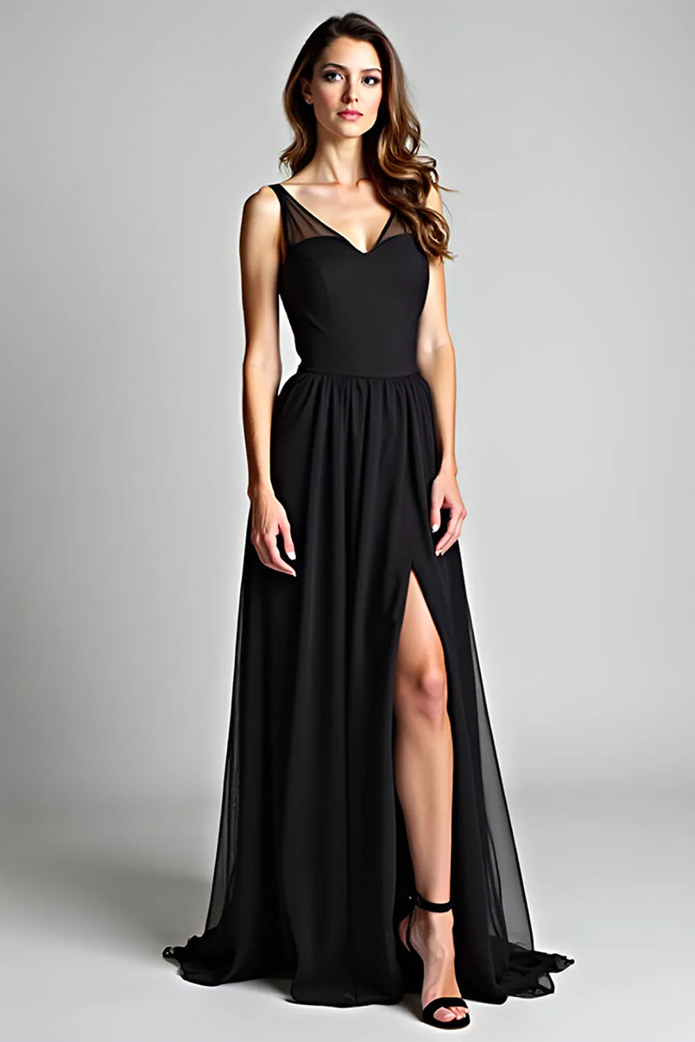 Black Spaghetti Straps A Line Pleated Long Bridesmaid Dress sold by Zapaka