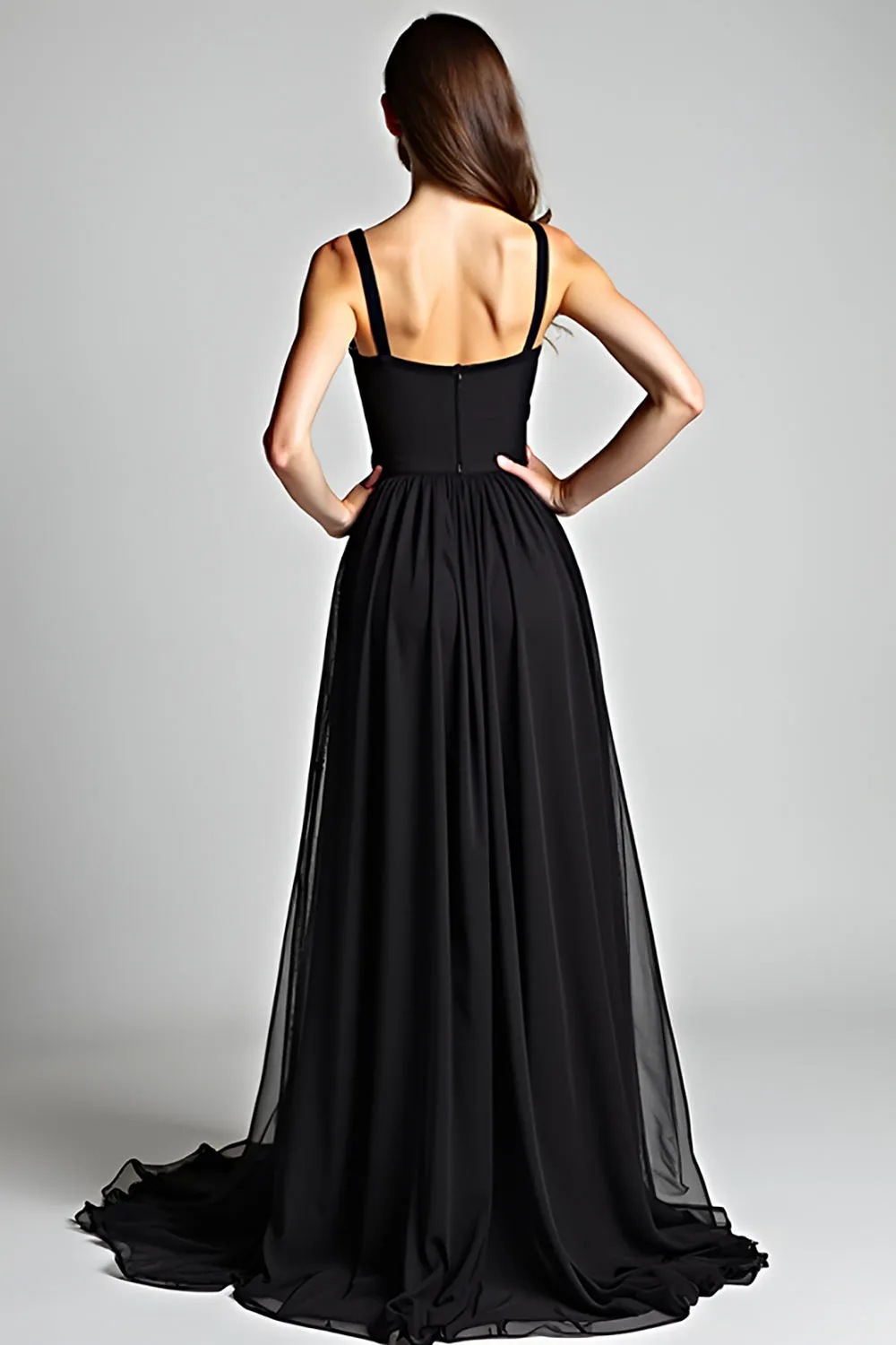Black Spaghetti Straps A Line Pleated Long Bridesmaid Dress sold by Zapaka product image thumbnail 2